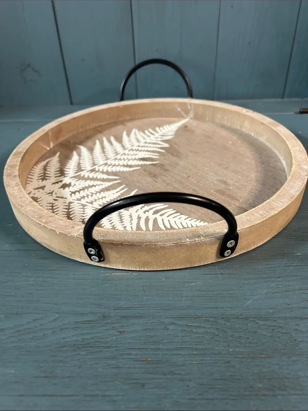Hand Crafted Natural Wood Tray with White Fern and Black Handles | 11” Round
